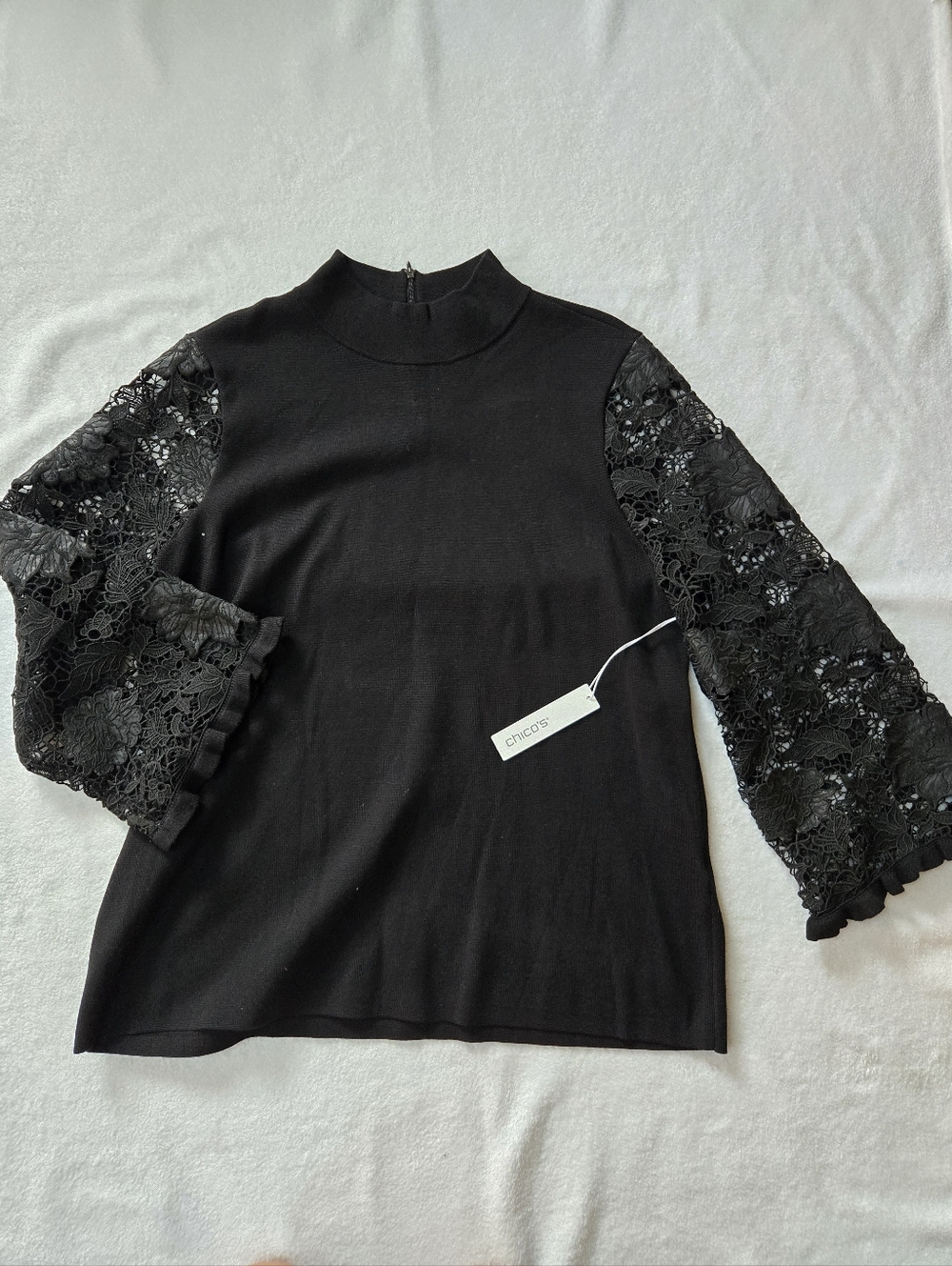 New Chico's Black Mock Neck Pullover Zip Fancy Lace Sleeve Top Sweater Size 2/L